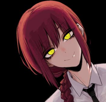 @_@ black_background black_necktie braid braided_ponytail chainsaw_man closed_mouth eyeshadow formal_clothes head_tilt j.k. long_hair looking_at_viewer makeup makima_(chainsaw_man) necktie portrait red_hair shirt sidelocks smile white_shirt yellow_eyes
