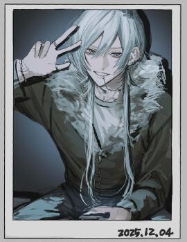 Rule 34 | 1boy, arm up, black jacket, bracelet, chain, chain bracelet, dated, ear piercing, face piercing, fur-trimmed jacket, fur trim, grey eyes, grin, hair between eyes, highres, jacket, jewelry, lip piercing, long hair, looking at viewer, mizooti 0, multiple rings, original, piercing, polaroid photo, ring, smile, solo, w, white hair