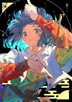 1girl blue_eyes blue_hair cloak closed_mouth dress floating_hair highres index_fingers_raised kajatony long_sleeves looking_at_viewer multicolored_dress patchwork_clothes short_hair smile solo tenkyuu_chimata touhou upper_body white_cloak zipper