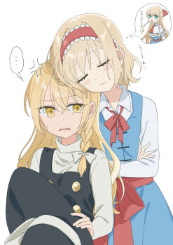 2girls absurdres alice_margatroid anger_vein angry black_hat black_vest blonde_hair blue_dress bow braid collared_shirt commentary_request crossed_arms dress frilled_hairband frills hair_bow hairband hat hat_bow highres holding holding_unworn_clothes holding_unworn_hat kirisame_marisa leaning_on_person lolita_hairband long_hair long_sleeves multiple_girls no_headwear open_mouth pinafore_dress red_hairband shanghai_doll shirt side_braid simple_background single_braid sleeping sleeping_on_person sleeveless sleeveless_dress touhou translation_request tsuno_no_hito unworn_hat unworn_headwear very_long_hair vest white_background white_bow white_shirt witch_hat yuri