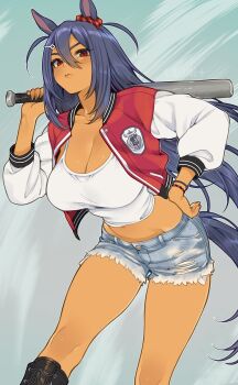 1girl absurdres animal_ears baseball_bat black_hair breasts cleavage closed_mouth commentary dark-skinned_female dark_skin highres hishi_amazon_(umamusume) holding holding_baseball_bat horse_ears horse_girl horse_tail jacket large_breasts long_hair long_sleeves looking_at_viewer midriff navel open_clothes open_jacket red_eyes short_shorts shorts solo tail two_side_up umamusume yiiande