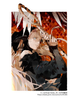 Rule 34 | 1girl, ambrosia (dungeon meshi), black hood, blonde hair, border, closed mouth, commentary request, detached hood, dungeon meshi, highres, holding, holding staff, impasto, kalak 39, long hair, long sleeves, looking at viewer, mage staff, marcille donato, marcille donato (lord), pixiv id, solo, staff, twitter username, upper body, very long hair, watermark, web address, white border