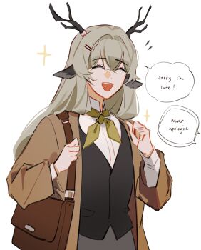 1girl :d ^_^ absurdres alina_(arknights) animal_ears antlers arknights bag black_vest brown_jacket closed_eyes commentary english_commentary english_text grey_hair hair_between_eyes hair_ornament hairclip highres holding_strap horns jacket long_hair long_sleeves notice_lines open_clothes open_jacket open_mouth pointing pointing_at_self shirt shoulder_bag simple_background smile solo sparkle speech_bubble vest white_background white_shirt ylceon