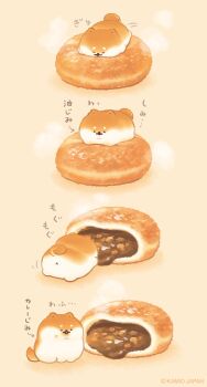absurdres animal arrow_(symbol) bread commentary_request curry curry_bread dog eating food highres on_food original steaming_food translation_request x_anus yeastken