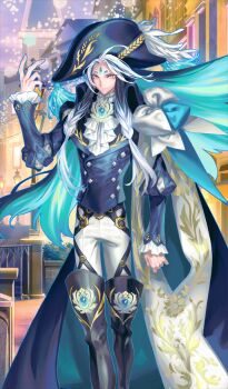 1boy aqua_hair arm_at_side arm_up ascot azuma_toh bicorne bishounen black_boots blue_cape blue_hat blue_jacket boots brooch cape closed_mouth commentary_request fate/grand_order fate_(series) feet_out_of_frame floating_hair forehead_jewel formal_clothes game_cg green_pupils hat hat_feather jacket jewelry long_hair long_sleeves looking_at_viewer male_focus multicolored_hair official_art orange_eyes outdoors pants puff_and_slash_sleeves puffy_sleeves shi_huang_di_(fate) shi_huang_di_(celebratory_attire)_(fate) smile solo standing thigh_boots third-party_source very_long_hair white_ascot white_pants