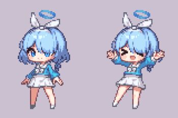 1girl arona_(blue_archive) blue_archive blue_eyes blue_halo blue_shirt bow bowtie dasa_(bearisalive) hair_over_one_eye hairband halo long_sleeves lowres open_mouth pixel_art sailor_collar school_uniform shirt simple_background skirt smile white_skirt