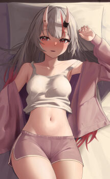 1girl :d absurdres bare_shoulders blush breasts clothes_lift collarbone commentary_request dolphin_shorts grey_hair hair_between_horns half-closed_eyes hand_up head_on_pillow highres hololive horns jacket jacket_partially_removed kakinotane_e long_hair long_sleeves looking_at_viewer lying medium_breasts midriff multicolored_hair nakiri_ayame navel nose_blush off_shoulder on_back open_clothes open_jacket open_mouth parted_lips pillow pink_jacket pink_shorts red_eyes red_hair shirt_lift short_shorts shorts smile solo strap_slip tank_top triangle_mouth very_long_hair virtual_youtuber white_horns white_tank_top
