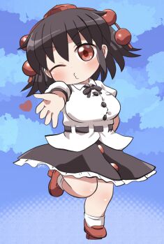 1girl black_ribbon black_skirt blowing_kiss blue_background blush buttons collared_shirt commentary_request frilled_skirt frills full_body hat heart highres looking_at_viewer neck_ribbon o3o one_eye_closed outstretched_arm red_eyes red_hat red_shoes ribbon rokugou_daisuke shameimaru_aya shirt shoes short_sleeves signature skirt socks solo standing standing_on_one_leg tokin_hat touhou white_shirt white_socks