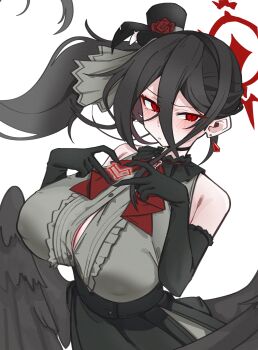 1girl four-finger_heart_hands :o absurdres alternate_costume alternate_hairstyle black_choker black_gloves black_hair black_hat black_wings blue_archive blush button_gap center_frills choker commentary cosplay covered_erect_nipples earrings elbow_gloves embarrassed feathered_wings frills gloves grey_shirt hair_between_eyes halo hasumi_(blue_archive) hat heart heart_hands heart_in_heart_hands highres i3eancurd jewelry long_hair long_hair_between_eyes looking_at_viewer mine_(blue_archive) mine_(blue_archive)_(cosplay) mine_(idol)_(blue_archive) mini_hat no_bra red_eyes shirt shirt_tucked_in side_ponytail simple_background solo upper_body very_long_hair white_background wings