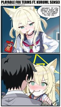 1boy 1girl absurdres animal_ear_fluff animal_ears aqua_eyes black_choker black_gloves black_hair blonde_hair blue_archive blue_sailor_collar blue_skirt blush choker food food_in_mouth fox_ears fox_girl gloves green_halo grey_jacket hair_between_eyes halo hand_on_own_hip highres holding holding_food holding_pocky jacket kurumi_(blue_archive) leaning_forward long_hair looking_at_viewer melissa_v2 neckerchief pleated_skirt pocky pocky_in_mouth red_neckerchief sailor_collar sensei_(blue_archive) shirt short_hair sidelocks skirt smile thigh_strap two_side_up white_shirt