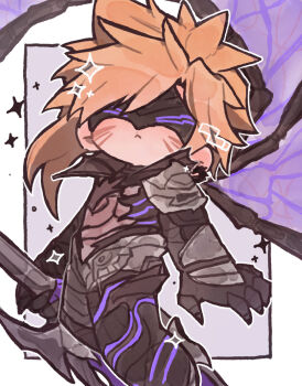 1boy armor black_armor black_mask blonde_hair blym7oym7759061 bodystocking border chibi chibi_only clawed_gauntlets cloud_strife cloud_strife_(bahamut_garb) covered_eyes eye_mask facial_mark feet_out_of_frame final_fantasy final_fantasy_vii final_fantasy_vii:_ever_crisis grey_background highres holding holding_sword holding_weapon male_focus mask short_hair shoulder_armor single_wing solo sparkle spiked_hair sword weapon white_border wings