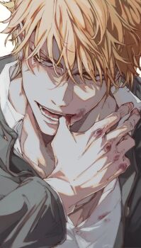 Rule 34 | 1boy, bleach, blonde hair, blood, blood on hands, collared shirt, commentary, gakuran, jacket, kurosaki ichigo, looking to the side, male focus, open clothes, open jacket, open mouth, peppertea, school uniform, shirt, short hair, simple background, solo, symbol-only commentary, teeth, thumb to mouth, white background, white shirt, yellow eyes