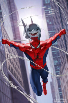 1boy blue_sky blurry blurry_background city comic_cover commentary creature_on_head english_commentary film_grain highres instagram_logo instagram_username jeff_(marvel) looking_at_viewer marvel muscular muscular_male official_art open_mouth shark shark_fin sharp_teeth signature silk sky smile spider-man spider-man_(series) spider_web spider_web_print superhero_costume teeth yoon_junggeun