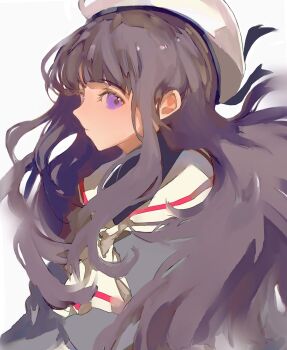 Rule 34 | 1girl, cardcaptor sakura, child, daidouji tomoyo, hat, highres, long hair, purple hair, sailor collar, school uniform, shru (ss sl99), simple background, solo, tomoeda elementary school uniform, white background, white sailor collar