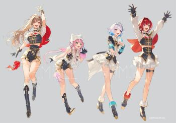 Rule 34 | 4girls, :d, aiguillette, ange katrina, animal ear headwear, ankle boots, arm up, arms up, asymmetrical footwear, beanie, black boots, black gloves, black shirt, black shorts, black skirt, bob cut, boots, bracelet, breasts, brown hair, claw pose, clothing cutout, collared shirt, commentary request, copyright notice, fake animal ears, fold-over gloves, frilled shirt, frilled skirt, frills, fur bracelet, furen e lustario, gloves, gold trim, green eyes, grey background, hair intakes, hand up, hat, hat ornament, high-waist shorts, high-waist skirt, high heel boots, high heels, idol clothes, iwamoto zerogo, jewelry, large breasts, layered shirt, lize helesta, long hair, looking ahead, medium hair, midriff, miniskirt, mismatched footwear, multicolored hair, multiple girls, nijisanji, nijisanji kr, official art, open mouth, pink hair, ponytail, puffy short sleeves, puffy sleeves, purple eyes, red eyes, red hair, sample watermark, sebastian piyodore, shirt, short hair, short sleeves, shorts, shoulder cutout, silver tiara, simple background, skirt, sleeveless, sleeveless shirt, small breasts, smile, socks, spread fingers, standing, standing on one leg, streaked hair, tassel, thigh strap, two-tone hair, very long hair, virtual youtuber, watermark, white hair, white hat, white shirt, white shorts, white skirt, white socks, wolf cut, yang nari