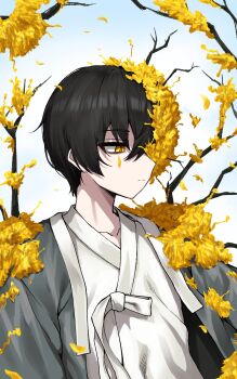1boy absurdres black_hair branch closed_mouth commentary e.g.o_(project_moon) flower hahyaha highres limbus_company male_focus project_moon short_hair solo spicebush_(e.g.o) standing upper_body yellow_eyes yellow_flower yellow_pupils yi_sang_(project_moon)