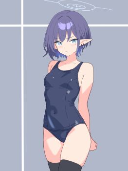 1girl absurdres alternate_costume aoi_(blue_archive) arms_behind_back bare_shoulders black_thighhighs blue_archive blue_eyes blue_hair blue_one-piece_swimsuit blush breasts closed_mouth collarbone commentary_request covered_navel cowboy_shot earrings frown grey_background halo highres jewelry looking_at_viewer mole mole_under_eye ochazuke_(artist) old_school_swimsuit one-piece_swimsuit pointy_ears purple_hair school_swimsuit short_hair small_breasts solo standing swimsuit thighhighs thighs