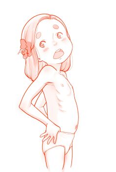 1girl blush_stickers cropped_legs flat_chest flone_robinson flower freckles from_side hair_flower hair_ornament highres loli monochrome open_mouth panties red_theme riarutoruchokku simple_background solo swiss_family_robinson teeth thick_eyebrows topless_female turning_head underwear upper_teeth_only white_background world_masterpiece_theater