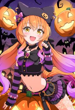 1girl airplane_hair_ornament animal_ear_headwear animal_earrings animal_ears bat_(animal) bead_bracelet beads black_choker black_hat black_shirt black_skirt blush bracelet breasts choker cropped_shirt emo_fashion fake_animal_ears fingerless_gloves gamyuu_(gamyu) gloves hair_between_eyes halloween halloween_costume hat heart_belt_buckle highres horse_ears horse_girl horse_tail jack-o&#039;-lantern jewelry long_hair looking_at_viewer low_twintails mayano_top_gun_(rockin&#039;_mewmeow)_(umamusume) mayano_top_gun_(umamusume) midriff navel night night_sky official_alternate_costume official_alternate_hairstyle open_mouth orange_eyes orange_hair outdoors pumpkin pumpkin_hat_ornament punk purple_arm_warmers purple_hair shirt skirt sky sleeveless sleeveless_shirt small_breasts smile solo striped_arm_warmers striped_sleeves tail twintails umamusume