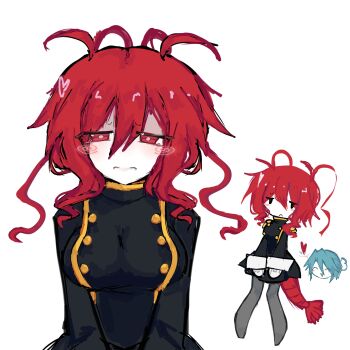 1boy 1girl antenna_hair black_jacket black_skirt blue_hair breasts buttons chibi chibi_inset closed_mouth colored_skin funamusea heart highres hijoushiki_roc jacket large_breasts lobco_(funamusea) lobster_girl lobster_tail looking_at_viewer medium_hair mob_face oounabara_to_wadanohara pantyhose pink_pupils red_eyes red_hair sam_(sillylinariafan) simple_background skirt solo_focus spiral_cheeks straight-on tail white_background white_skin