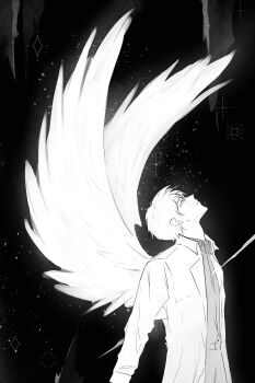 1boy coat collared_shirt cowboy_shot emosunfish feathered_wings grey_shirt greyscale hashtag-only_commentary highres impaled kim_dokja looking_up male_focus monochrome night omniscient_reader&#039;s_viewpoint open_clothes open_coat shirt sky solo star_(sky) starry_sky white_coat white_wings wings