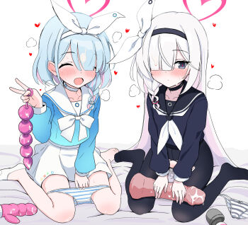 2girls arona_(blue_archive) black_choker black_hairband black_pantyhose black_sailor_collar blue_archive blue_hair blush braid choker closed_eyes colored_inner_hair dildo hair_over_one_eye hairband halo heart highres holding holding_sex_toy long_hair long_sleeves multicolored_hair multiple_girls neckerchief panties pantyhose pc_fworks pink_hair plana_(blue_archive) ribbon sailor_collar school_uniform serafuku sex_toy shirt single_braid sitting skirt striped_clothes striped_panties underwear vibrator white_choker white_hair white_neckerchief white_ribbon white_skirt