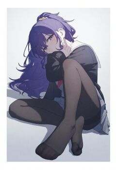 1girl absurdres asahina_mafuyu black_cardigan border cardigan commentary covering_own_mouth feet grey_serafuku hand_over_own_mouth highres jacket knee_up knees_apart_feet_together legs long_hair long_sleeves looking_at_viewer miyamasuzaka_girls'_academy_school_uniform neckerchief no_shoes pantyhose pleated_skirt ponytail project_sekai psfxart purple_eyes purple_hair red_neckerchief sailor_collar school_uniform serafuku shirt skirt soles solo symbol-only_commentary toe_seam toes white_border white_sailor_collar