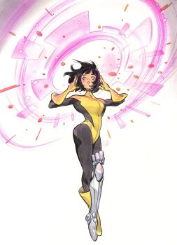 1girl amputee black_bodysuit black_hair blunt_bangs bodysuit boots floating_hair full_body gloves highres karma_(x-men) looking_up manh_cao_xuan marvel multicolored_bodysuit parted_lips peach_momoko pink_eyes prosthesis prosthetic_leg short_hair single_boot solo white_background x-men x-uniform yellow_bodysuit yellow_boots yellow_gloves