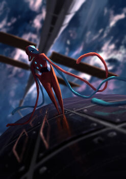 Rule 34 | absurdres, blurry, cchan tuka, cloud, colored skin, commentary request, deoxys, deoxys (normal), depth of field, earth (planet), gen 3 pokemon, glowing, glowing eyes, highres, looking at viewer, mythical pokemon, nintendo, no humans, planet, pokemon, pokemon (creature), red skin, reflection, solo, space station, tentacle arm, tentacles, white eyes