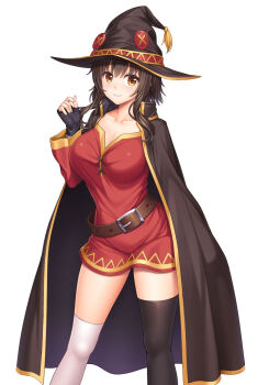 1girl asymmetrical_legwear belt black_gloves black_thighhighs breasts brown_belt brown_cape brown_eyes brown_hair brown_hat cape closed_mouth collarbone cosplay dress feet_out_of_frame fingerless_gloves gloves hand_up hat kono_subarashii_sekai_ni_shukufuku_wo! koromogawari lambda_(kusowarota) large_breasts long_sleeves looking_at_viewer megumin megumin_(cosplay) mismatched_legwear red_dress second-party_source short_dress short_hair_with_long_locks sidelocks simple_background smile solo tachi-e thighhighs white_background white_thighhighs witch_hat