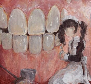 1girl apron black_dress black_eyes black_hair blunt_bangs bucket chunkyeggy closed_mouth dress freckles frilled_apron frills highres holding holding_toothbrush long_sleeves looking_at_viewer lying maid maid_apron maid_headdress mop original puffy_sleeves solo surreal teeth toothbrush twintails white_apron