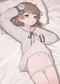 1girl absurdres blush brown_hair clothes_lift cowboy_shot from_above hair_ornament hairclip hand_on_own_head hatoba_tsugu head_on_pillow highres lifting_own_clothes loli long_sleeves looking_at_viewer lying medium_hair navel neck_ribbon no_pants on_back on_bed open_mouth orange_eyes panties panty_pull pillow ribbon sailor_collar shirt shirt_lift solo stomach tsugu_(vtuber) underwear virtual_youtuber white_panties white_sailor_collar white_shirt yuk1_(nonon_yukiii)