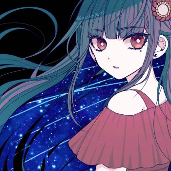 Rule 34 | 1girl, :o, bare shoulders, black background, commentary request, danganronpa (series), danganronpa v3: killing harmony, dress, hair ornament, harukawa maki, highres, mole, mole under eye, official alternate costume, open mouth, red dress, red eyes, satori (aosky9077), short sleeves, solo, star (sky), starry sky background