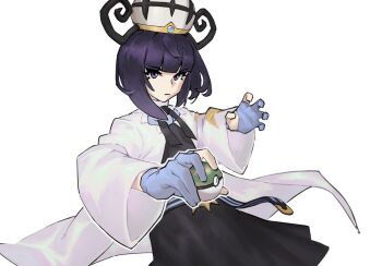 1girl belt black_dress black_hair blue_gloves blunt_bangs bob_cut closed_mouth coat dress gloves gwynn_(pokemon) hat highres holding holding_poke_ball long_sleeves looking_at_viewer mega_stone multicolored_hair nest_ball nintendo o-ring o-ring_belt open_clothes open_coat partially_fingerless_gloves poke_ball pokemon pokemon_legends:_z-a psylduck purple_eyes purple_hair short_hair simple_background solo white_background white_coat