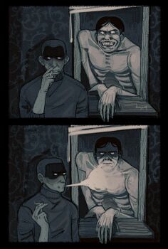 2boys annoyed black_eyes black_hair black_sweater cigarette emaciated evil_grin evil_smile grin highres holding holding_cigarette intruder_(no_i&#039;m_not_a_human) kkkrrrsssuuu looking_at_another male_focus multiple_boys no_i&#039;m_not_a_human parody protagonist_(no_i&#039;m_not_a_human) short_hair smile smoke smoking sweater topless_male turtleneck turtleneck_sweater very_short_hair window