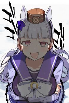 1girl animal_ears blunt_bangs bow bowtie breasts brown_hat ear_bow ear_ribbon gold_ship_(umamusume) grey_hair hat highres horse_ears horse_girl horse_tail horseshoe_ornament long_hair looking_at_viewer open_mouth pillbox_hat purple_bow purple_eyes purple_shirt sailor_collar sailor_shirt school_uniform shirt smile solo tail to_zaemon tracen_school_uniform umamusume