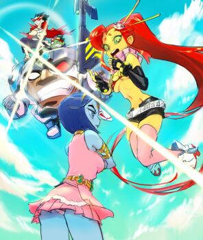 2girls 3boys absurdly_long_hair ankle_boots bare_arms bare_shoulders beast_boy_(dc) blue_hair blue_skin blue_sky boots breasts cameltoe cape clenched_teeth cloud colored_sclera colored_skin cosplay crossed_arms cyborg_(dc) dark_skin dc_comics dick_grayson dress floating garfield_logan goggles goggles_on_head green_sclera gyosone high_ponytail kamina kamina_(cosplay) kamina_(ttgl) kamina_shades lens_flare long_hair mashup mecha mechanical_arms midair midriff multiple_boys multiple_girls narrow_waist navel nia_teppelin nia_teppelin_(cosplay) panties pantyshot pink_dress pink_panties pink_thighhighs ponytail raven_(dc) robin_(dc) robot short_dress short_shorts shorts silky_(teen_titans) simon simon_(cosplay) simon_(ttgl) single_mechanical_arm sky starfire teen_titans teeth tengen_toppa_gurren_lagann thighhighs tinted_eyewear underboob underwear upskirt very_long_hair victor_stone white_footwear yellow_skin yoko_littner yoko_littner_(cosplay)