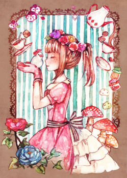 1girl amanita_(mushroom) bird blue_flower blue_rose bow canary clona closed_eyes commentary_request cookie cowboy_shot cup dress female_focus flower flower_wreath fly_agaric food framed from_side gloves head_wreath high_ponytail highres holding jar java_sparrow layered_dress light_smile medium_hair mushroom original own_hands_together pink_dress pink_gloves plate ponytail profile puffy_short_sleeves puffy_sleeves red_flower red_rose rose saucer short_sleeves sidelocks solo standing striped_background tea teacup teapot teaspoon vertical_stripes white_java_sparrow