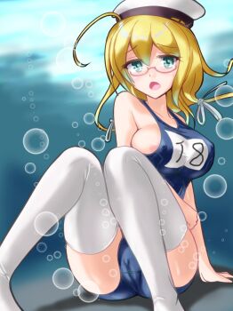 1girl 4lovertwomind air_bubble blonde_hair blush breasts bubble cameltoe commentary_request covered_erect_nipples glasses green_eyes hat highres i-8_(kancolle) kantai_collection large_breasts long_hair looking_at_viewer name_tag one-piece_swimsuit protected_link red-framed_eyewear ribbon school_swimsuit seafloor sideboob solo swimsuit thighhighs twintails underwater white_thighhighs