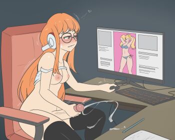 1futa 1girl absurdres bikini biting_own_lip black_thighhighs blue_bikini blush breasts brown_eyes clothes_lift computer cum desk ejaculation functionally_nude futanari futanari_masturbation glasses headphones heart highres masturbation medium_breasts mekkx nude orange_hair orgasm penis persona persona_5 pornography sakura_futaba shirt shirt_lift stylus swimsuit tagme takamaki_anne thighhighs uncensored white_shirt