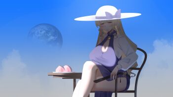 1girl absurdres alternate_breast_size_(larger) blonde_hair bow breasts chair cleavage cleavage_cutout clothing_cutout commentary crossed_legs dress earth_(planet) folded_fan folding_fan food fruit hand_fan hat hat_bow highres holding holding_fan huge_breasts long_hair long_sleeves looking_at_viewer no_noru on_chair peach planet plate purple_bow purple_dress red_eyes shirt sitting smile solo table thighs touhou untranslatable_commentary very_long_hair watatsuki_no_toyohime white_hat white_shirt