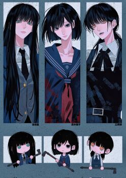 3girls black_eyes black_hair black_necktie black_ribbon blood blood_on_clothes blue_dress blue_eyes blue_jacket blue_sailor_collar blue_serafuku blue_shirt border chainsaw_man chibi chibi_inset closed_mouth collared_shirt commentary dress gil_somyung grey_border grey_vest hair_between_eyes highres holding holding_lead_pipe jacket lead_pipe like_mother_like_daughter long_hair looking_at_viewer low_twintails mitaka_asa multiple_girls neck_ribbon neckerchief necktie open_mouth orange_eyes pinafore_dress red_neckerchief ribbon sailor_collar school_uniform serafuku shimizu_hinako shirt shirt_under_dress short_hair sidelocks silent_hill_(series) silent_hill_f sleeveless sleeveless_dress suit_jacket sweatdrop symbol-only_commentary twintails vest white_shirt yumu_(8181018)