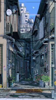 absurdly_detailed_composition alley animated animated_gif awning blue_sky brick_wall building cityscape clear_sky complex_exterior condenser_unit ghost highres house mae_1031 no_humans original outdoors pinwheel pixel_art plant potted_plant power_lines puddle railing rainbow road satellite_dish scenery shadow silk sky spider_web street water wind_chime window