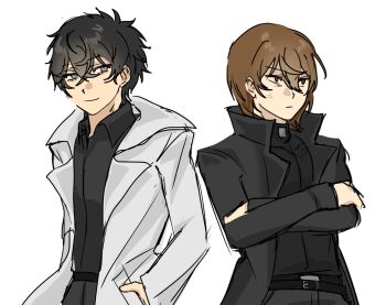 Rule 34 | akechi gorou, amamiya ren, anger vein, arms across body, black coat, black hair, brown hair, coat, cosplay, grey eyes, hair between eyes, hands in pockets, highres, kakashipookie, kim dokja, kim dokja (cosplay), looking at viewer, omniscient reader's viewpoint, persona, persona 5, red eyes, white background, white coat, yoo joonghyuk, yoo joonghyuk (cosplay)