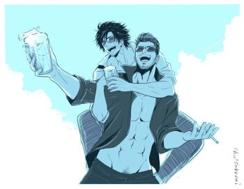 2boys abs arm_around_neck artist_name beard blue_sky carrying cidolfus_telamon cigarette clive_rosfield closed_eyes collared_shirt commentary cup earrings english_commentary facial_hair facial_scar feet_out_of_frame final_fantasy final_fantasy_xvi hair_slicked_back holding holding_cigarette holding_cup jewelry laughing male_focus monochrome multiple_boys muscular muscular_male open_clothes open_mouth open_shirt piggyback pubic_hair pubic_hair_peek sakurai_shushushu scar scar_on_cheek scar_on_face shirt short_hair sky smile sunglasses upper_body yaoi