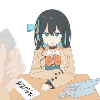 1girl 1other absurdres black_collar black_hair blue_bow blue_hair blue_sweater bow bowtie brown_jacket collar collarbone colored_inner_hair commentary_request condom condom_box crossed_bangs desk double-parted_bangs dress_shirt gloom_(expression) green_eyes hair_between_eyes hair_bow highres jacket long_sleeves medium_hair miyamai_moca motion_lines multicolored_hair open_clothes open_jacket open_mouth orange_bow orange_bowtie pov pov_hands shirt sidelocks sign simple_background sitting solo_focus streaked_hair sweat sweater tearing_up trembling tuitou upper_body v-neck voiceroid white_background white_shirt