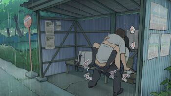 1boy 1girl 2020 bag black_hair black_pants black_shoes black_skirt black_socks brown_hair bus_stop bush clothed_sex collared_shirt hetero leaf long_hair missionary original outdoors panties pants rain school_bag school_uniform serafuku sex shirt shoes short_hair skirt socks translation_request tree underwear unworn_panties wakamatsu372 white_shirt