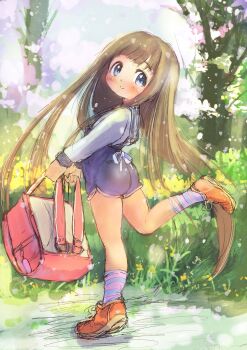 1girl ass backpack bag blue_eyes blue_overalls blush brown_hair bush cherry_blossoms flower forest from_behind guma highres holding holding_bag loli long_hair long_sleeves looking_at_viewer looking_back nature orange_shoes original overalls petals purple_socks randoseru shirt shoes smile socks standing standing_on_one_leg striped_clothes striped_socks tree unworn_backpack unworn_bag white_shirt