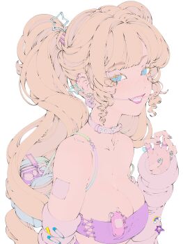 1girl bandaid bandaid_on_shoulder bare_shoulders blonde_hair blue_bag blue_eyes blunt_bangs braces breasts cellphone choker cleavage collarbone colored_eyelashes commentary detached_sleeves drill_hair drill_sidelocks ear_piercing earrings elliemaplefox english_commentary flip_phone freckles hair_ornament highres jewelry long_hair looking_at_viewer medium_breasts multiple_rings open_mouth original paw_pose phone piercing pink_choker pink_lips pink_nails pink_sleeves pink_tube_top ring sidelocks simple_background smile solo star_(symbol) star_hair_ornament strapless stud_earrings teeth tube_top upper_body white_background