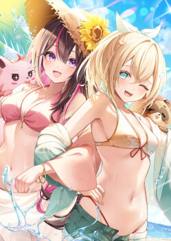 2girls armpits azki_(hololive) bangle bare_shoulders bikini black_hair blonde_hair blue_eyes blurry bokeh bracelet breasts cleavage day denim denim_shorts depth_of_field flower green_jacket hair_ribbon halterneck hand_on_own_hip hat highleg highleg_bikini highres hololive jacket jewelry kazama_iroha locked_arms long_hair looking_at_viewer medium_breasts miyagi_ratona mole mole_under_eye multicolored_hair multiple_girls navel o-ring o-ring_bikini off_shoulder one_eye_closed open_fly open_mouth outdoors pink_bikini ponytail purple_eyes ribbon short_shorts shorts small_breasts smile stomach straw_hat streaked_hair string_bikini sunflower swimsuit virtual_youtuber yellow_bikini